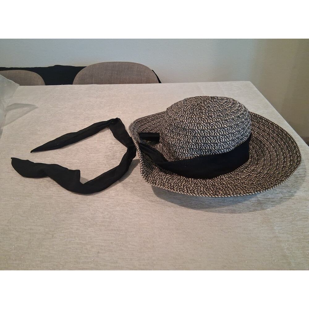 Nine West Women's Mixed Braid Floppy Straw Sun Hat Black Scarf Tie One Size O/S